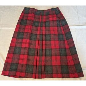 Barclay Square Vintage Red Grey Plaid Wool Pleated A-Line Skirt Size 16 USA Made